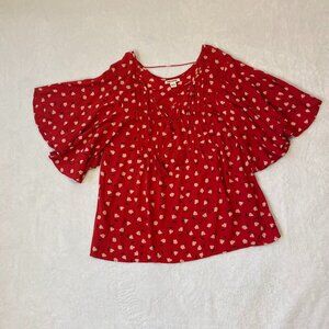 Billabong Red Floral Ruffle Sleeve Blouse Size Medium Boho Summer